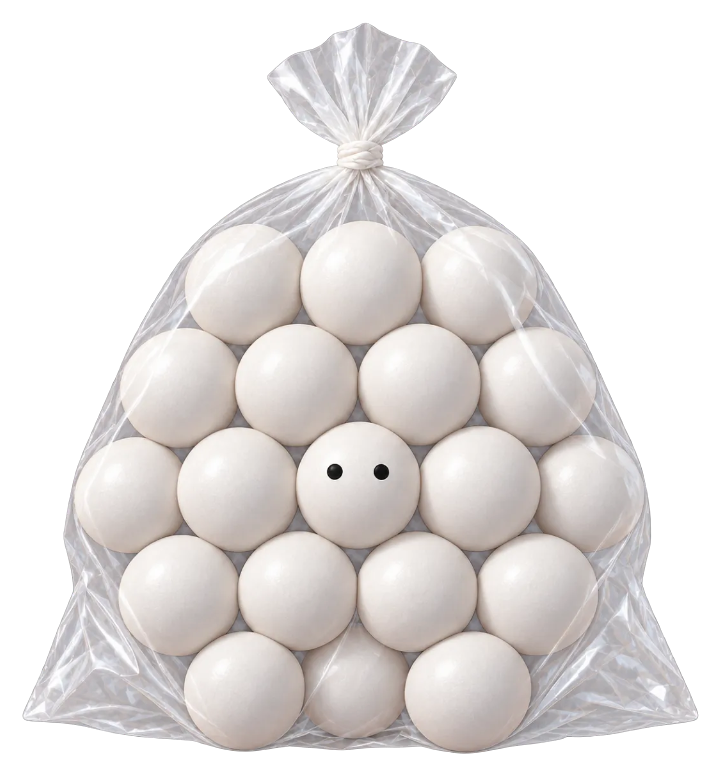 Nineteen white ping-pong balls inside one tied transparent bag; the middle ball has two small black eyes