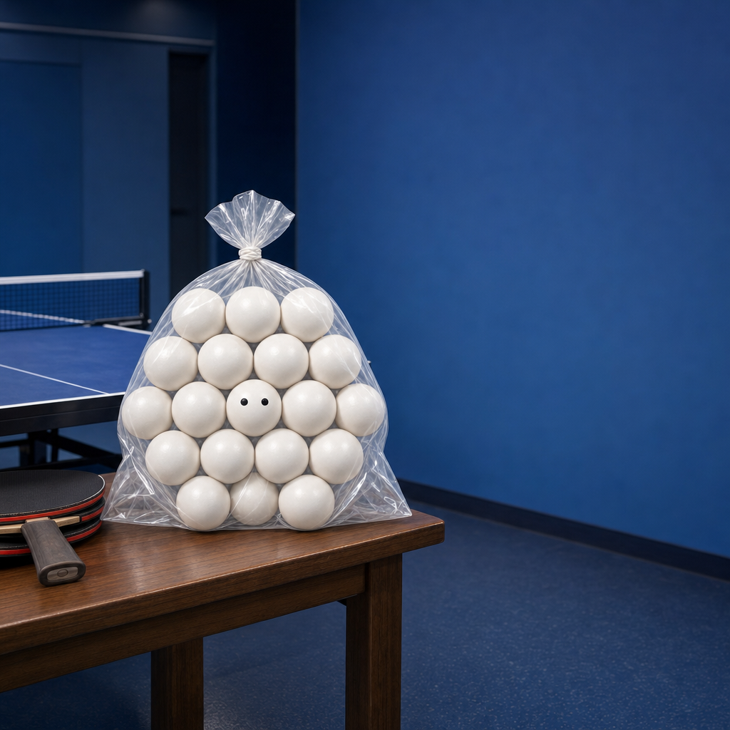 The bag of nineteen balls sitting on a wooden table in an empty blue table-tennis hall, paddles beside it